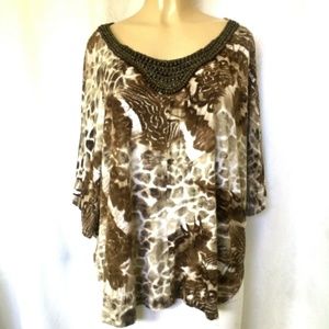 Alberto Makali Top Blouse Shirt Brown Tan Beaded L